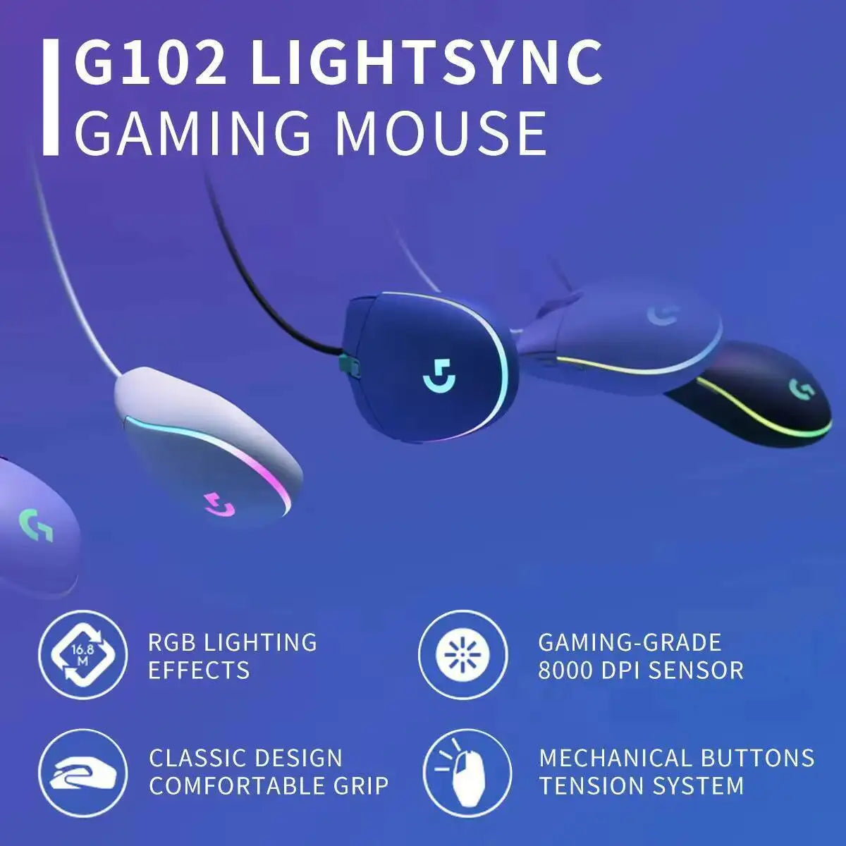 Logitech G102 Wired Mouse for Gamers, 8000 DPI Precision Sensor, 6 Macro Buttons, RGB Light, 10M Click Durability