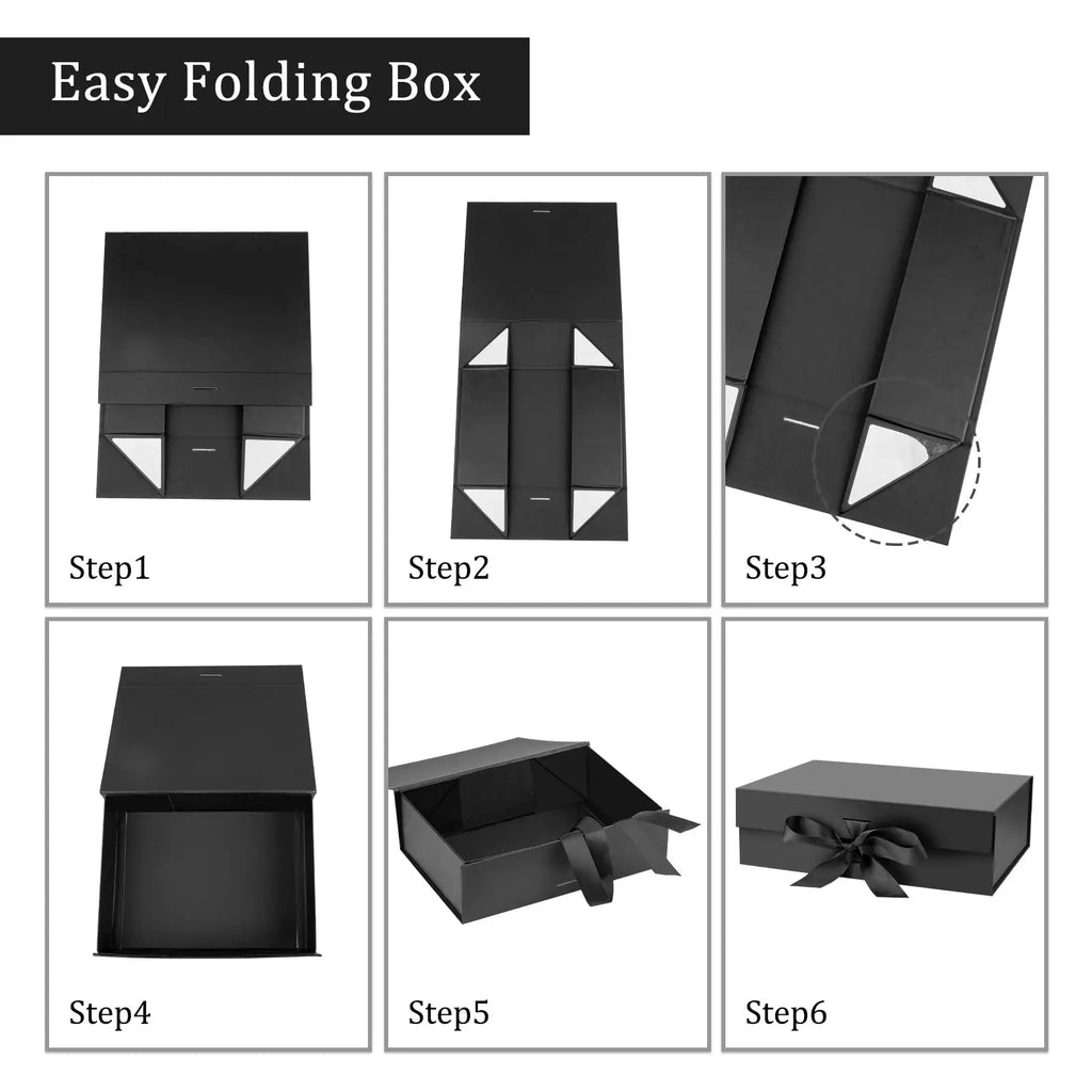 3pcs Black Magnetic Gift Box with Lid Ribbons Paper Bags Shredded Paper Filler for Valentine's Day Presents Packaging Box