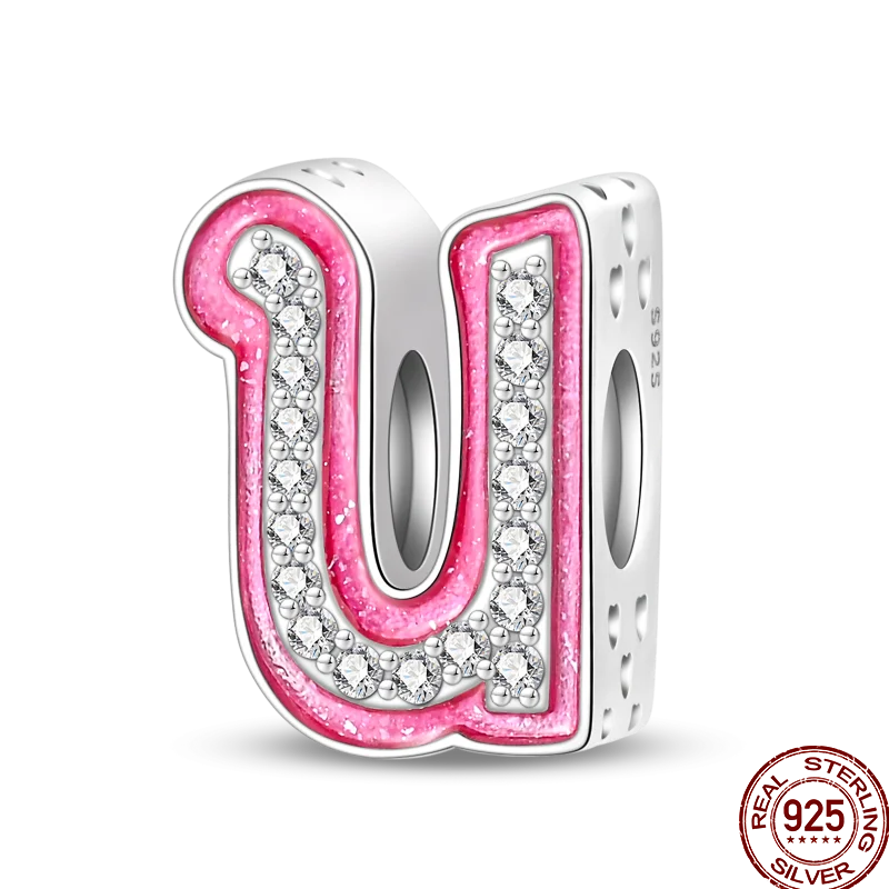 Hot Sale 925 Sterling Silver Pink 26 Letters Valentine's Day Gift Beads Suitable For Pan 925 Original Bracelet Diy Birthday