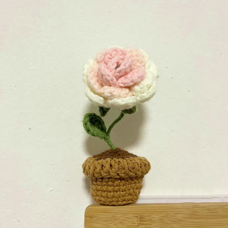1/2/4Pcs DIY Handwoven Mini Potted Flower Rose Office Desktop Ornamental Potted Plants Woolen Thread Finished Product Home Decor