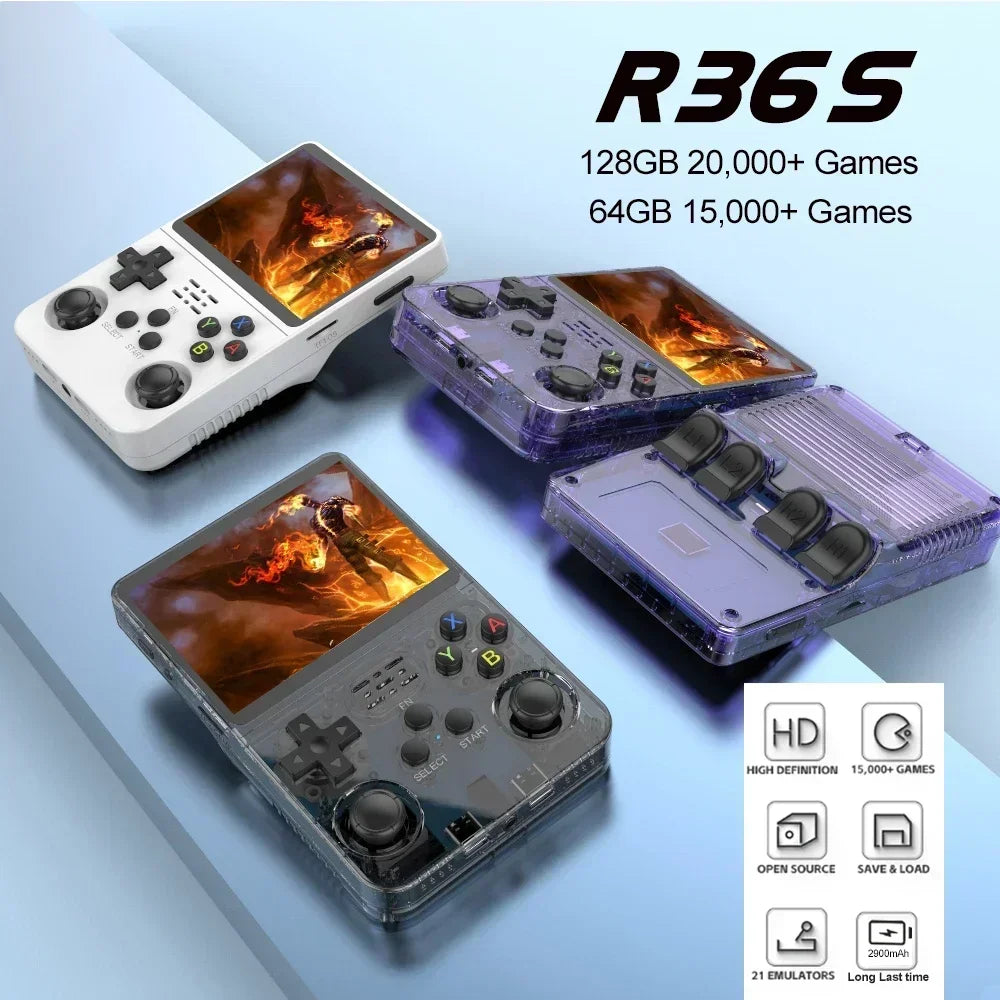 R36S Retro Handheld Game Console with ARKOS System 3.5IPS 128GB/64GB  Storage Preloaded Games Portable Gift for Boys & Gamers