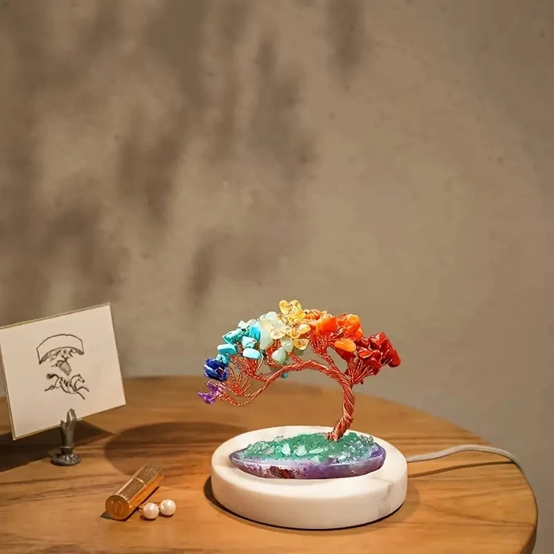 1pc Natural colorful crystal crushed stone Fengtail tree crystal agate piece base copper wire winding fortune tree ornament