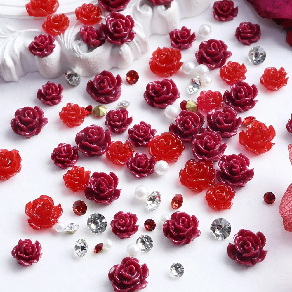 Red Camellia Flower Resin Filling Accessories Shiny Diamond With Pearl Beads Metal Leaf Valentine's Day Gifts DIY Jewelry Making