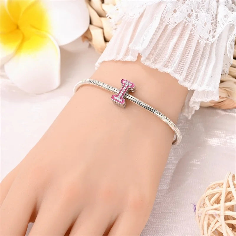 Hot Sale 925 Sterling Silver Pink 26 Letters Valentine's Day Gift Beads Suitable For Pan 925 Original Bracelet Diy Birthday