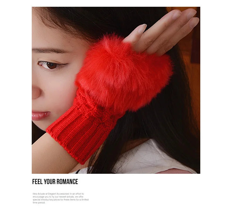 Women Autumn Winter Keep Warm Plush Knitted Woolen Splicing Half Finger Gloves Cute Lovely Sweety Smooth Soft Writing Drive