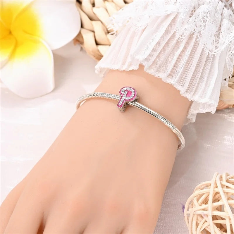 Hot Sale 925 Sterling Silver Pink 26 Letters Valentine's Day Gift Beads Suitable For Pan 925 Original Bracelet Diy Birthday