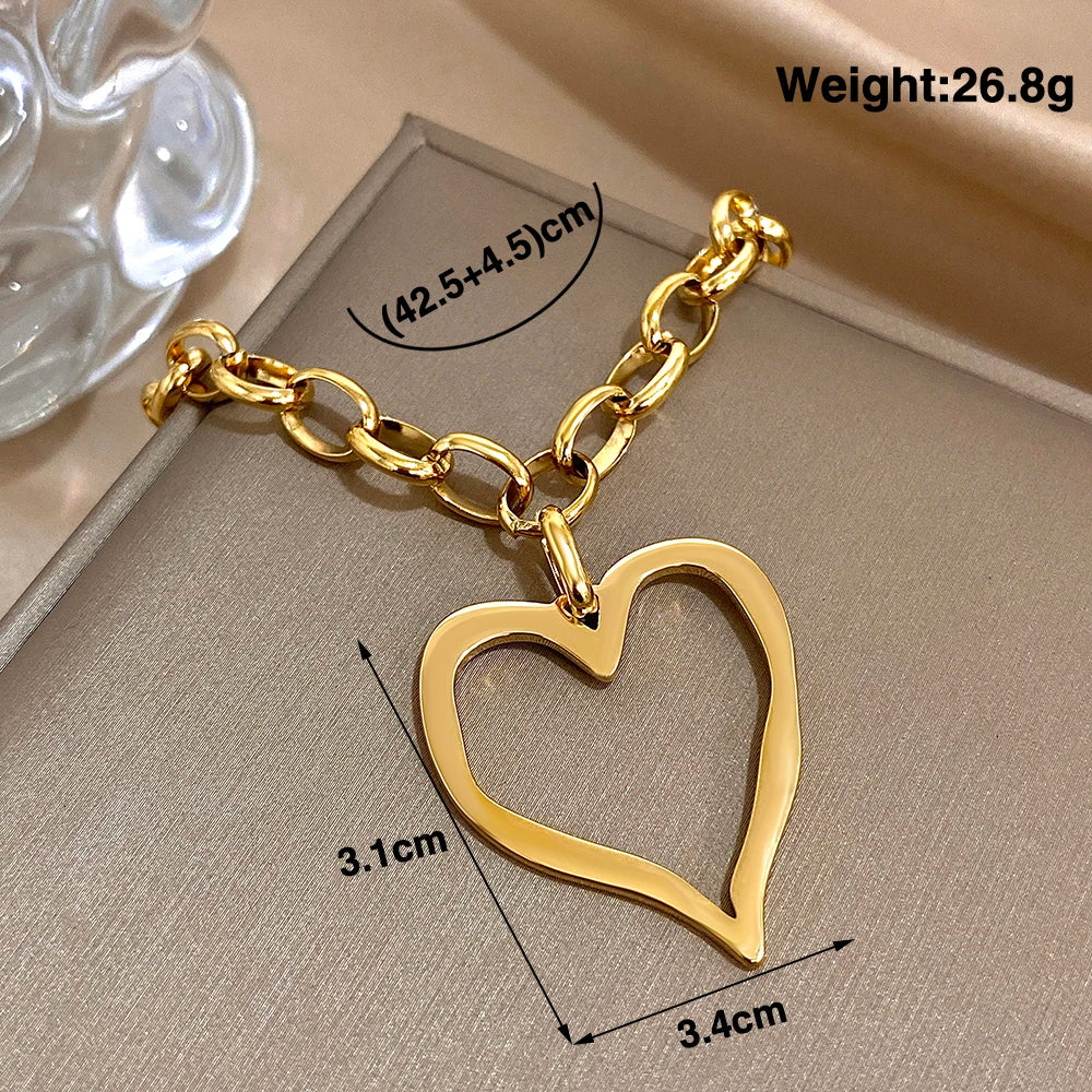 316L Stainless Steel Gold Silver Color Necklace for Women Glossy Punk Big Hollow Heart Pendant Necklaces Valentine's Day Gifts