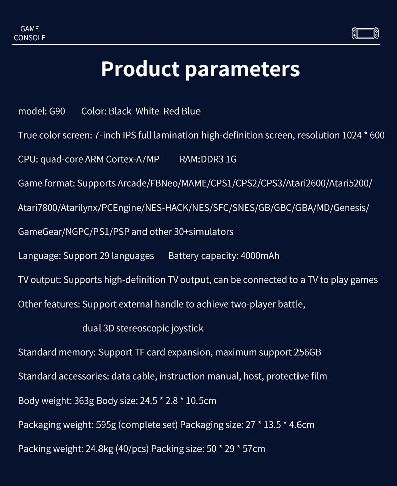 G90 7-inch 64GB 4000mAh portable handheld game console arcade suitable for PSP/PS1 retro TV game controller boys' gift