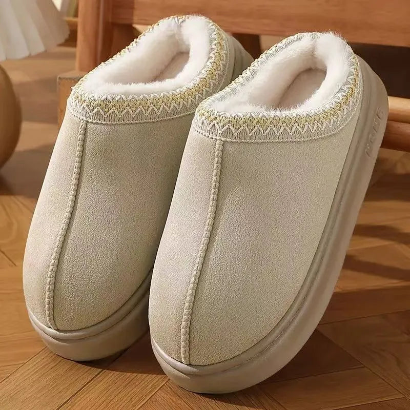 Hot Winter Women Slippers Plush Interior Anti Slip Thick Sole Fashion Embroidered Warm House Shoes for Ladies