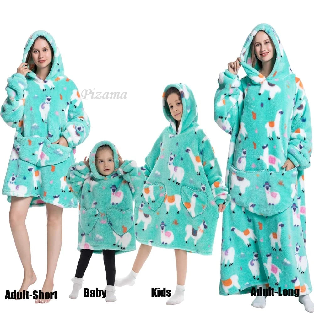 Oversize Winter Sherpa Blanket Plush Polar Fleece Family Matching Hoodie Girl Sweatshirt Homewear Avocado Animal Print Outwear