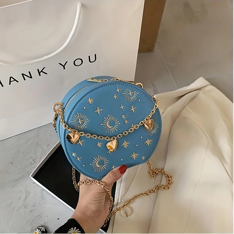 Mini Embroidered Round Bag, Chain Heart Decor Crossbody Bag, Star Moon Pattern Circle Purse Valentine's Day gift