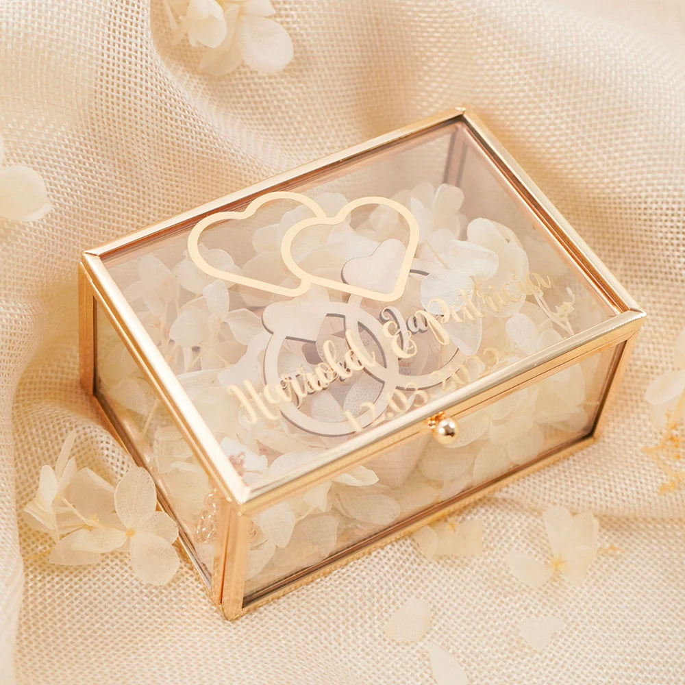 Personalized Rectangle Glass Jewelry Box, Wedding Ring Box, Double Slot, Valentine's Day, Proposal, Engagement, Gift