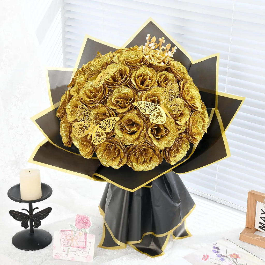 12PCS Glitter Roses Artificial Flowers DIY Bouquet Everlasting Fake Flower for Wedding Anniversary Valentines Day Mothers Gifts
