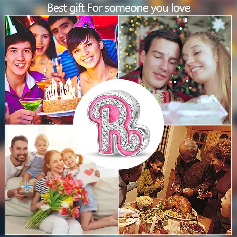 Hot Sale 925 Sterling Silver Pink 26 Letters Valentine's Day Gift Beads Suitable For Pan 925 Original Bracelet Diy Birthday