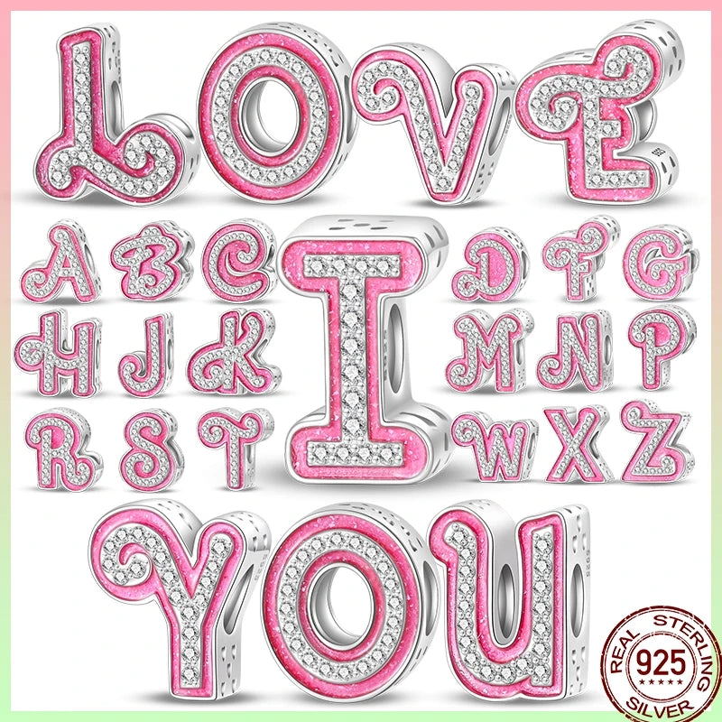 Hot Sale 925 Sterling Silver Pink 26 Letters Valentine's Day Gift Beads Suitable For Pan 925 Original Bracelet Diy Birthday