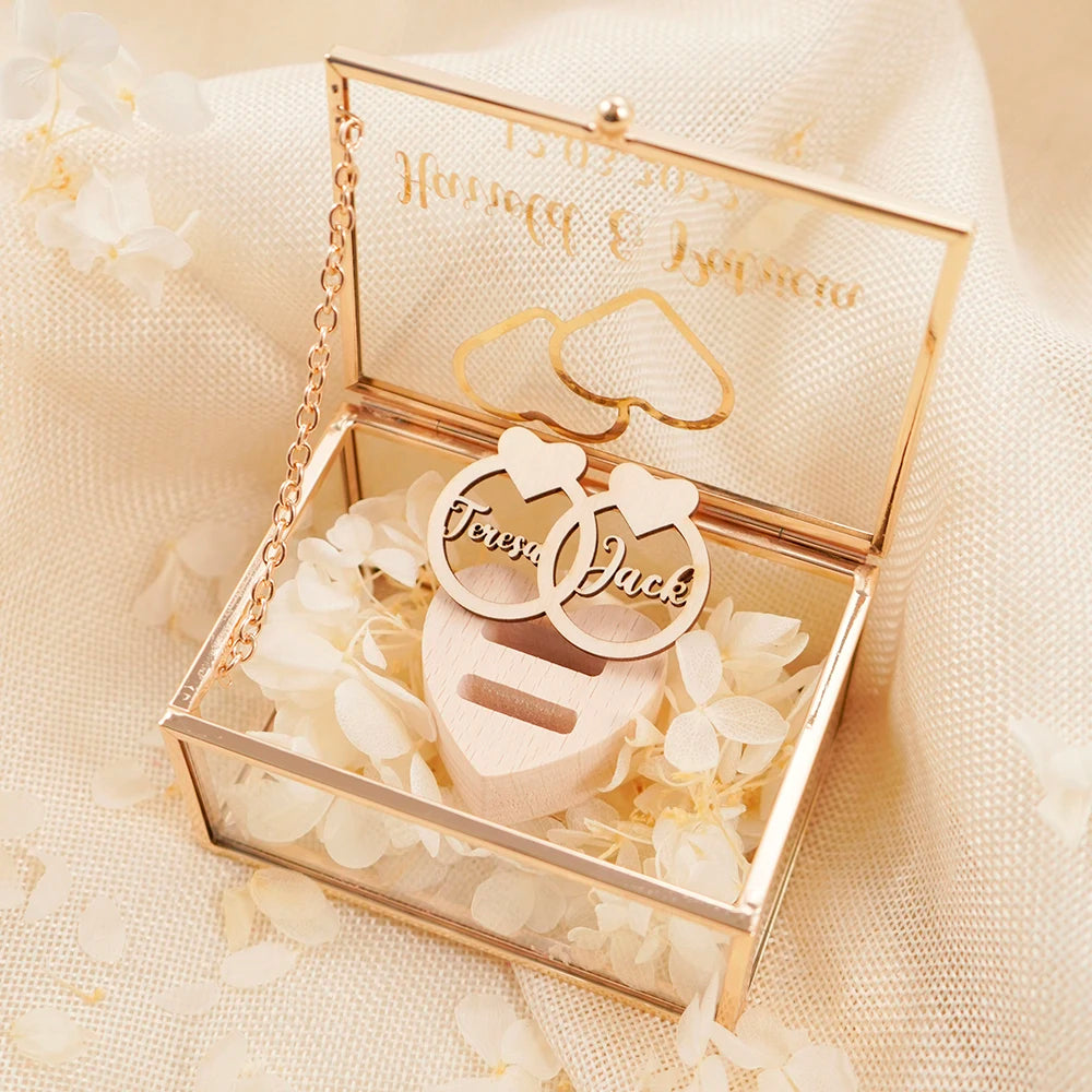 Personalized Rectangle Glass Jewelry Box, Wedding Ring Box, Double Slot, Valentine's Day, Proposal, Engagement, Gift