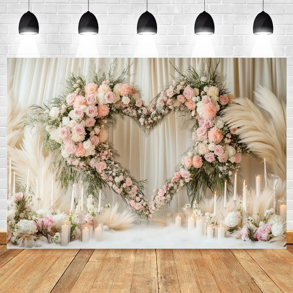 Valentine's Day Photography Backdrop Flowers Love Heart Boho Pampas Curtain Couple Portrait Wedding Photo Background Photostudio
