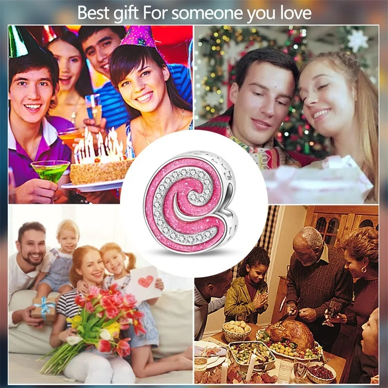 Hot Sale 925 Sterling Silver Pink 26 Letters Valentine's Day Gift Beads Suitable For Pan 925 Original Bracelet Diy Birthday