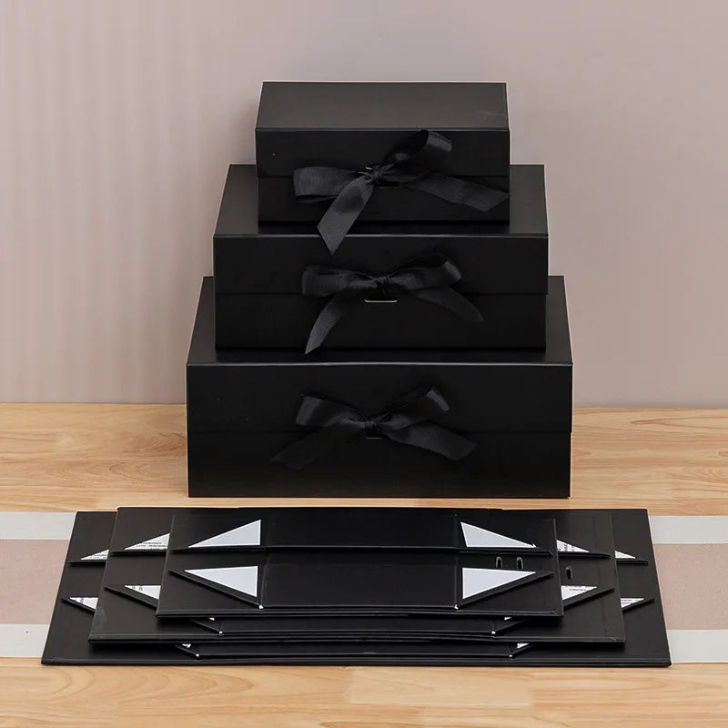 3pcs Black Magnetic Gift Box with Lid Ribbons Paper Bags Shredded Paper Filler for Valentine's Day Presents Packaging Box