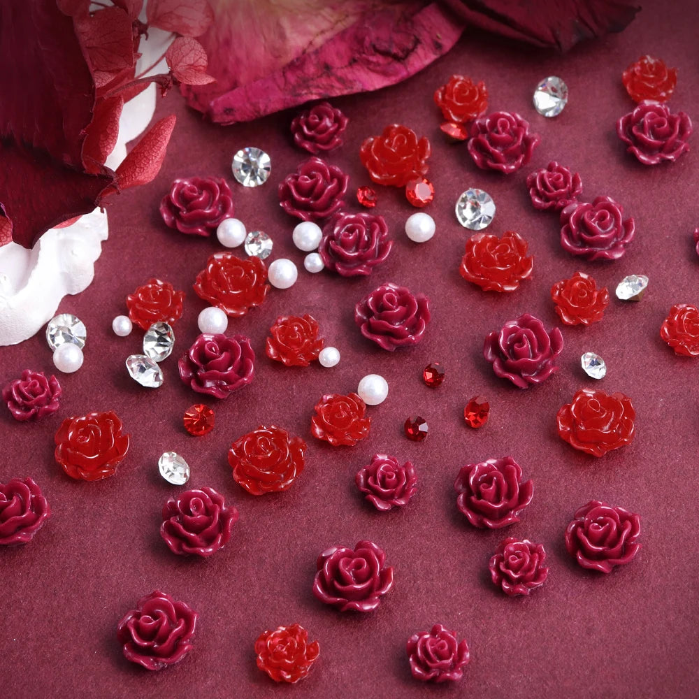 Red Camellia Flower Resin Filling Accessories Shiny Diamond With Pearl Beads Metal Leaf Valentine's Day Gifts DIY Jewelry Making