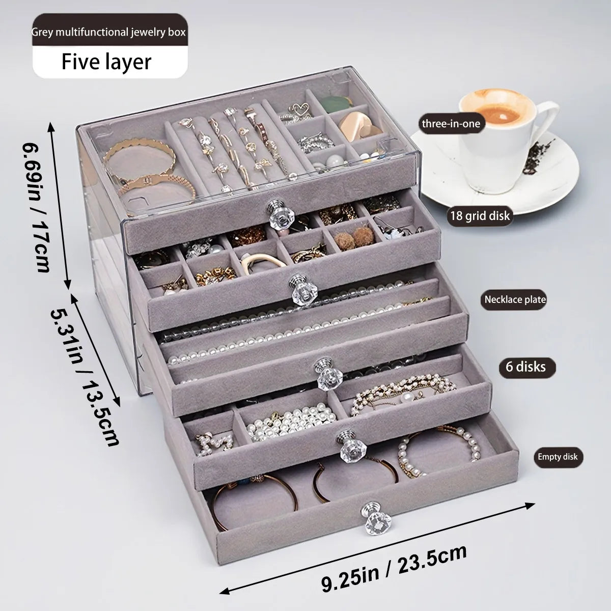 5-layer jewelry box, velvet drawer tray, transparent jewelry storage box, elegant jewelry display box