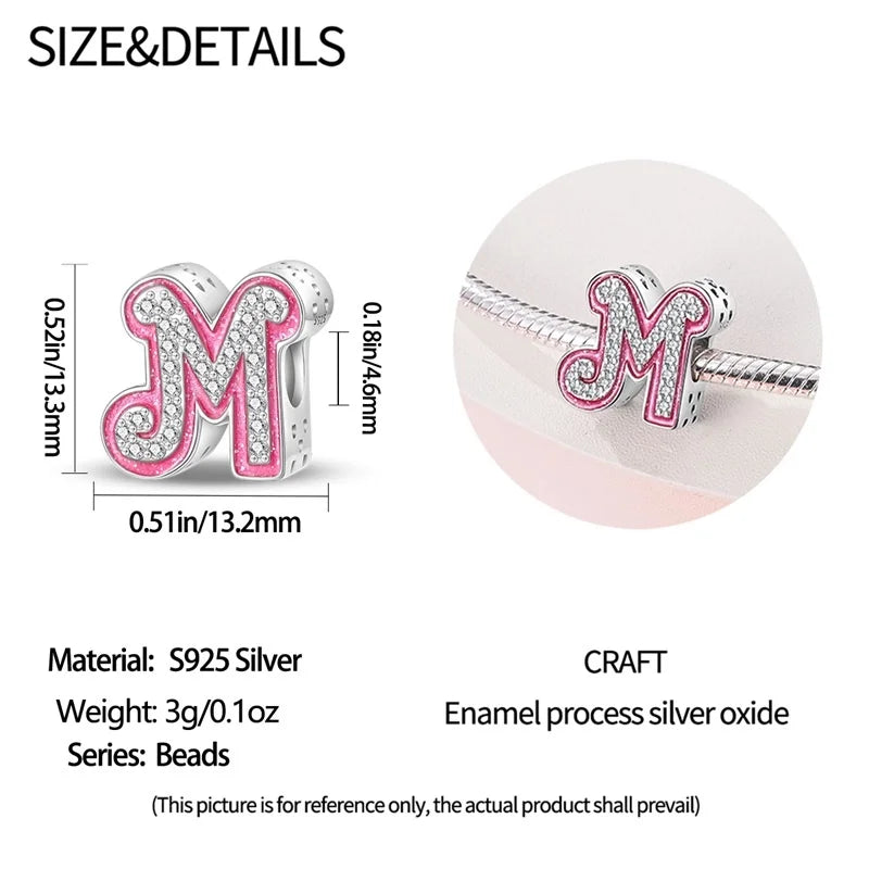 Hot Sale 925 Sterling Silver Pink 26 Letters Valentine's Day Gift Beads Suitable For Pan 925 Original Bracelet Diy Birthday