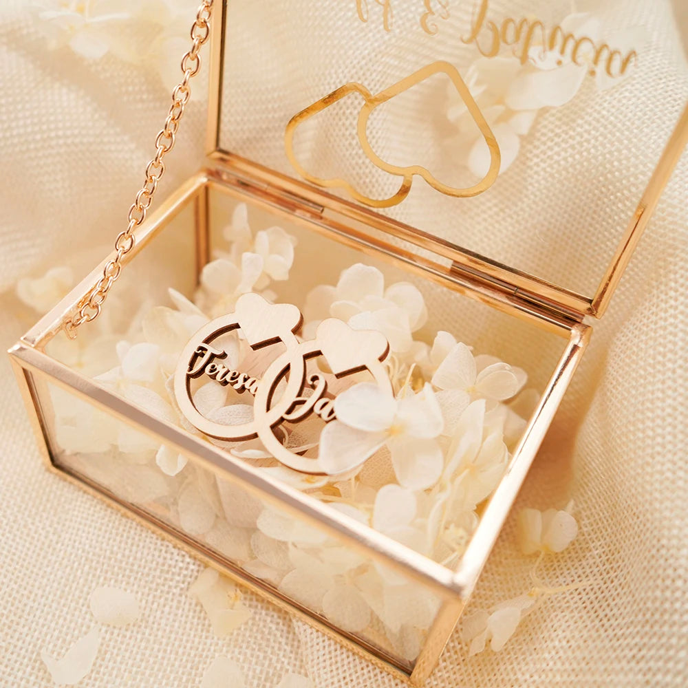 Personalized Rectangle Glass Jewelry Box, Wedding Ring Box, Double Slot, Valentine's Day, Proposal, Engagement, Gift