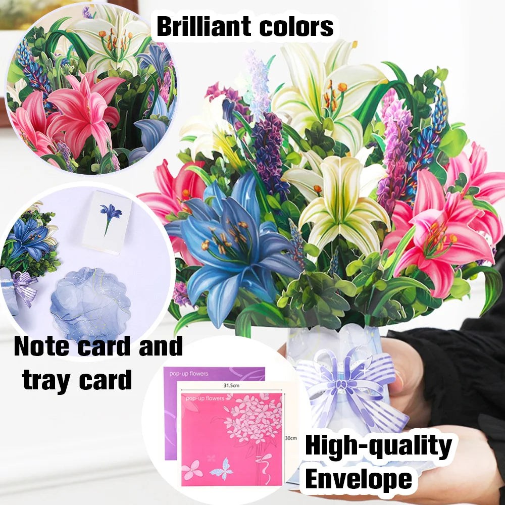 Premium 3D Pop Up Flower Bouquet Card Mothers Day Gift Valentines Day Anniversary Birthday Greeting Cards Thank You Wishes Gifts