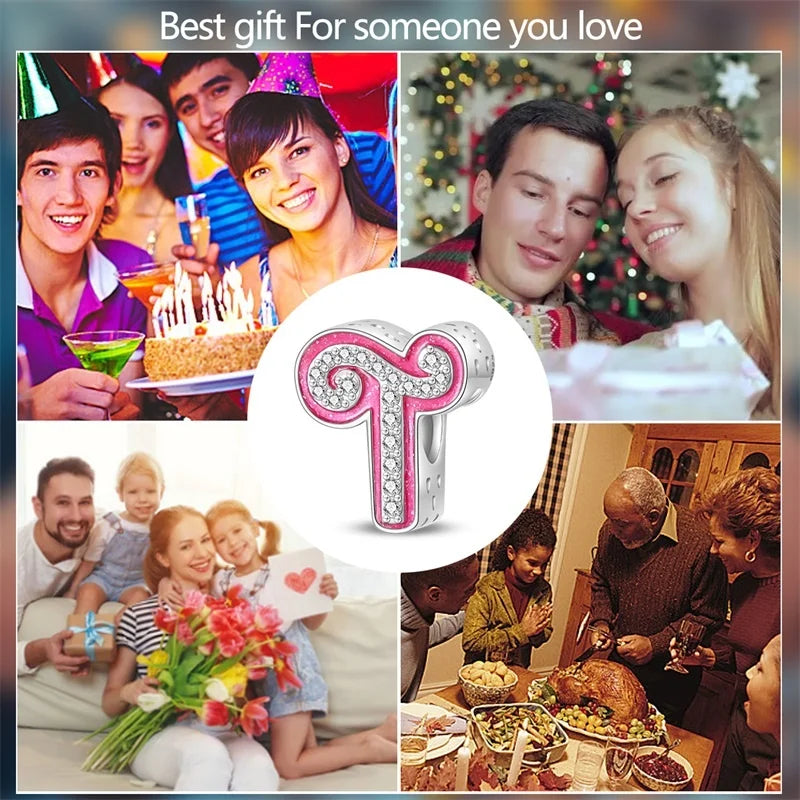 Hot Sale 925 Sterling Silver Pink 26 Letters Valentine's Day Gift Beads Suitable For Pan 925 Original Bracelet Diy Birthday