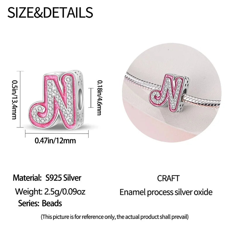 Hot Sale 925 Sterling Silver Pink 26 Letters Valentine's Day Gift Beads Suitable For Pan 925 Original Bracelet Diy Birthday