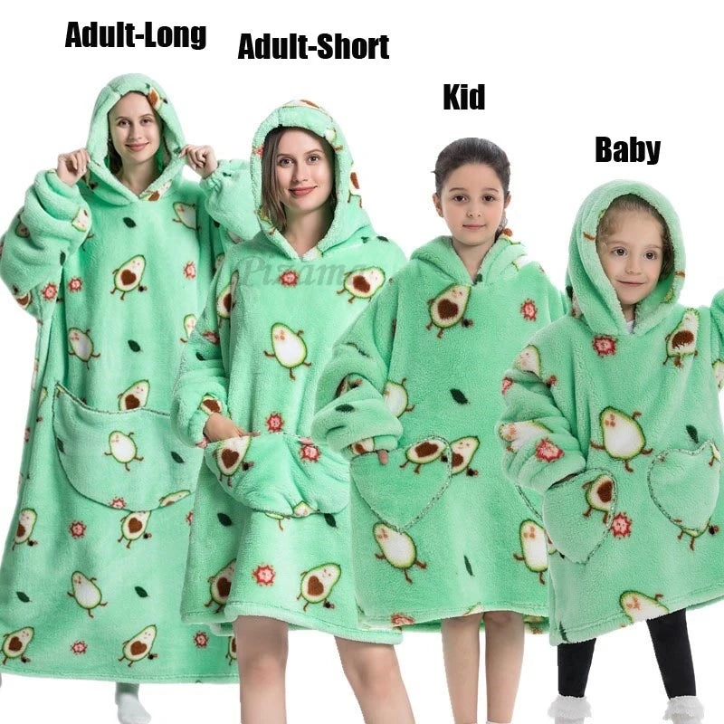 Oversize Winter Sherpa Blanket Plush Polar Fleece Family Matching Hoodie Girl Sweatshirt Homewear Avocado Animal Print Outwear