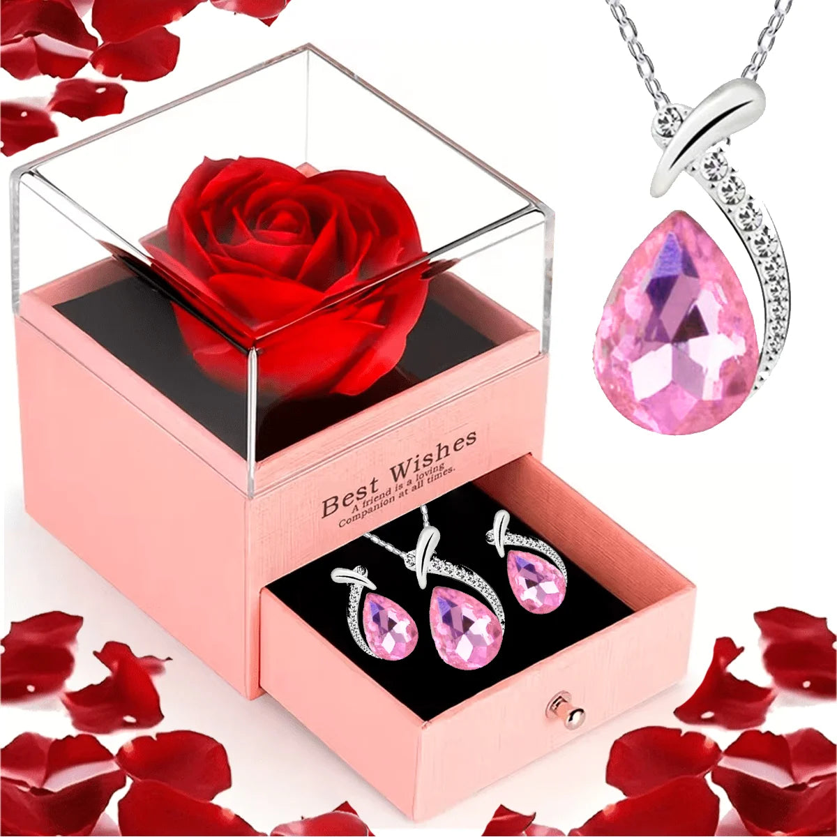 Red Rose Flower Gift Box with Heart-Shaped Lucky Stone Pendant Necklace,for Mom, Wife - Mother's Day, Valentine's Day, Birthday