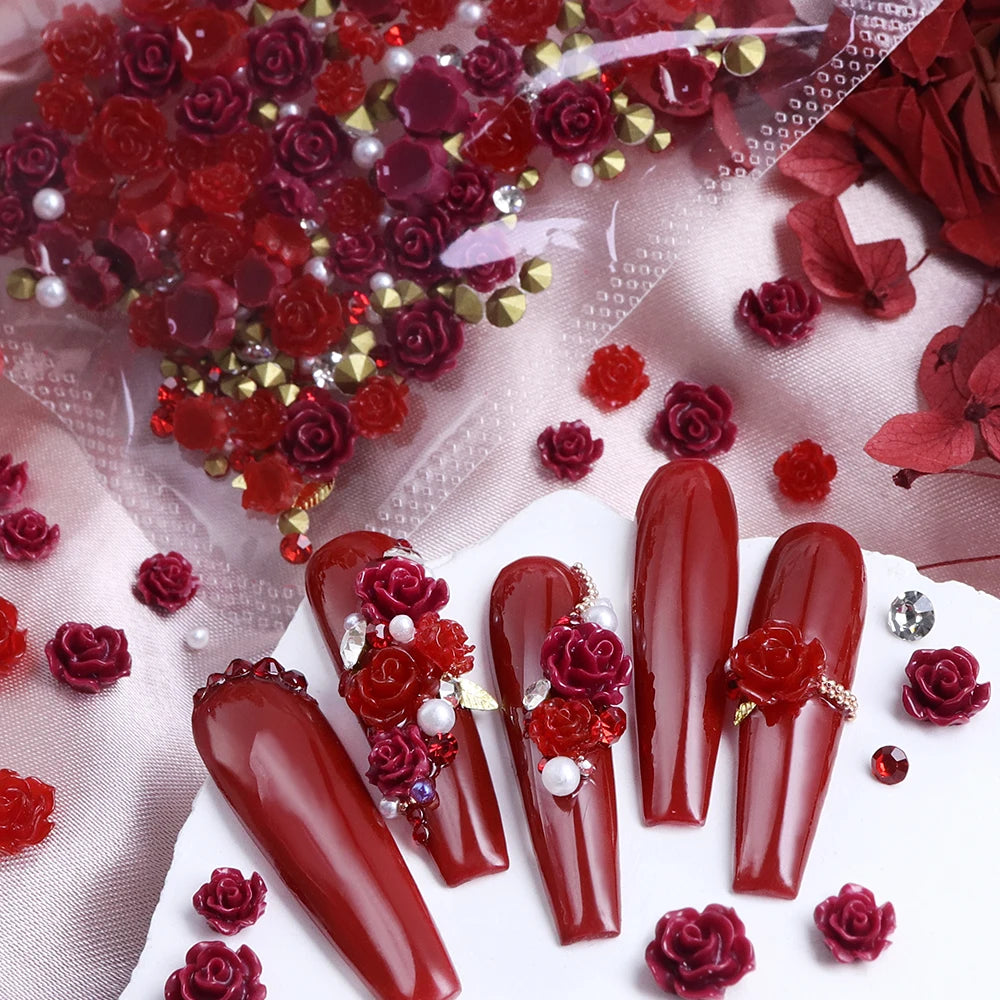 Red Camellia Flower Resin Filling Accessories Shiny Diamond With Pearl Beads Metal Leaf Valentine's Day Gifts DIY Jewelry Making