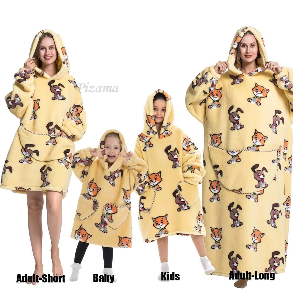 Oversize Winter Sherpa Blanket Plush Polar Fleece Family Matching Hoodie Girl Sweatshirt Homewear Avocado Animal Print Outwear