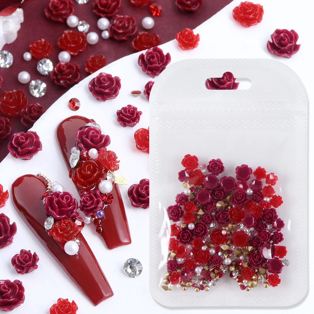 Red Camellia Flower Resin Filling Accessories Shiny Diamond With Pearl Beads Metal Leaf Valentine's Day Gifts DIY Jewelry Making