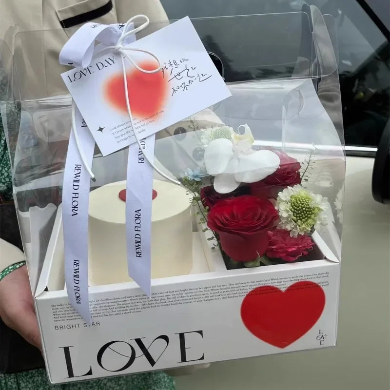 Valentine's Day Flower Cake Gift Box Pink PVC Transparent Hand-held Integrated Cake Box Baking Packaging Gift Fruit Flower Boxes