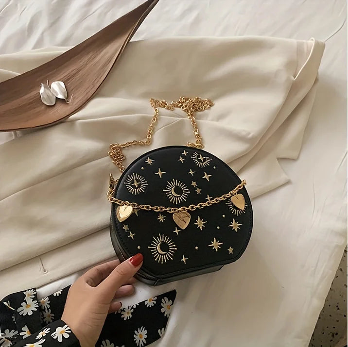 Mini Embroidered Round Bag, Chain Heart Decor Crossbody Bag, Star Moon Pattern Circle Purse Valentine's Day gift