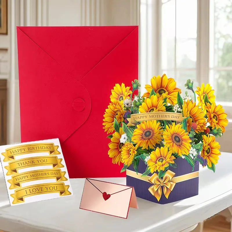 Premium 3D Pop Up Flower Bouquet Card Mothers Day Gift Valentines Day Anniversary Birthday Greeting Cards Thank You Wishes Gifts