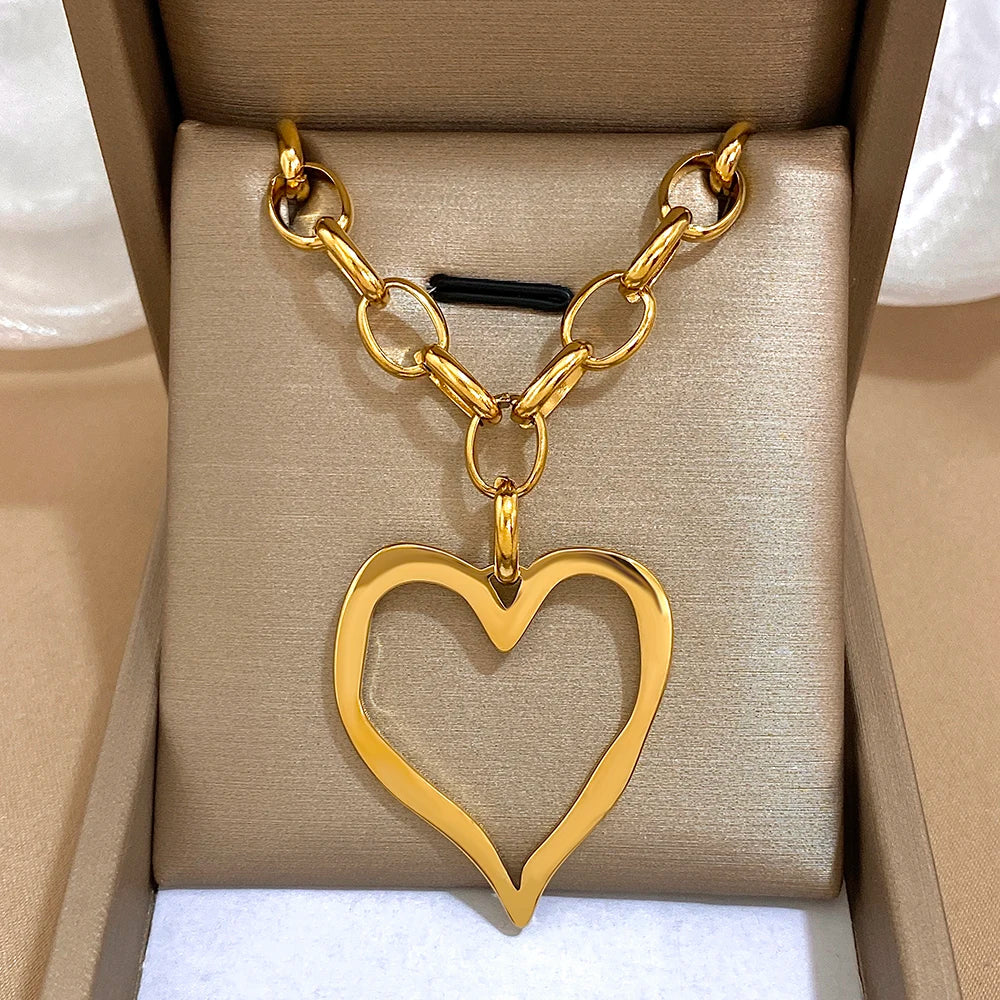 316L Stainless Steel Gold Silver Color Necklace for Women Glossy Punk Big Hollow Heart Pendant Necklaces Valentine's Day Gifts