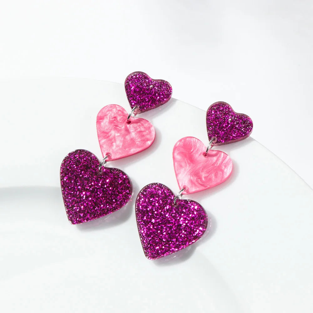 New Glitter Love Heart Acrylic Splicing Earrings Women Sweet Statement Peach Drop Earring Romantic Jewelry Valentine's Day Gifts