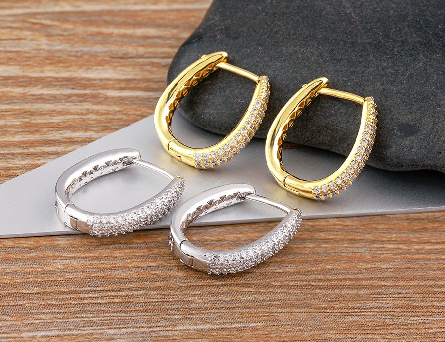 Nidin Creative U Shape Design 3 Colors Fashion Cubic Zirconia Hoop Earrings Crystal Ear Buckle Jewelry for Valentine's Day Gift