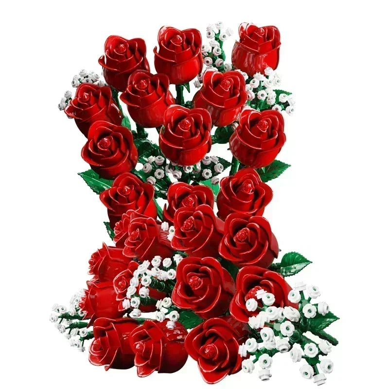 Romantic Rose Flower Bouquet Building Blocks Creative Home Desk Plant Decoration Assemble Bricks Toys For Gifts Girls Lady