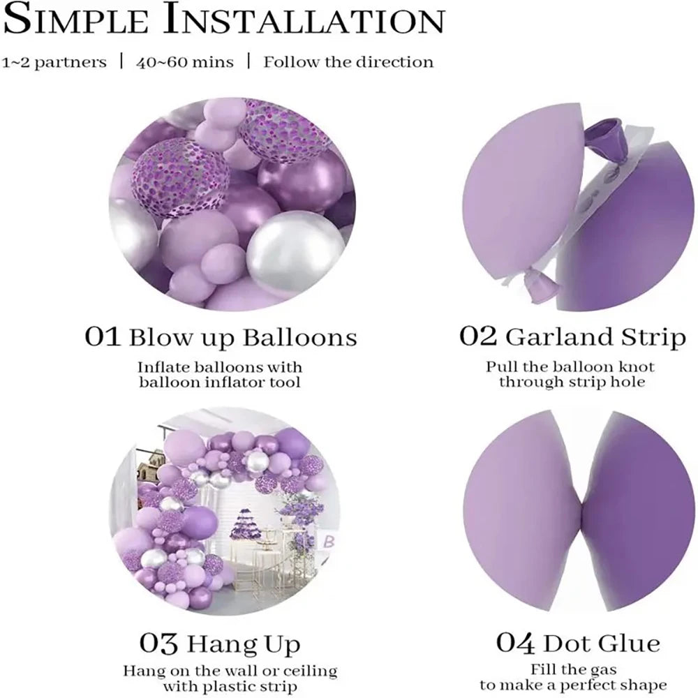 105PCS Purple Latex Balloon Set Suitable for Birthday Parties, Weddings, Valentine's Day Party Decoration