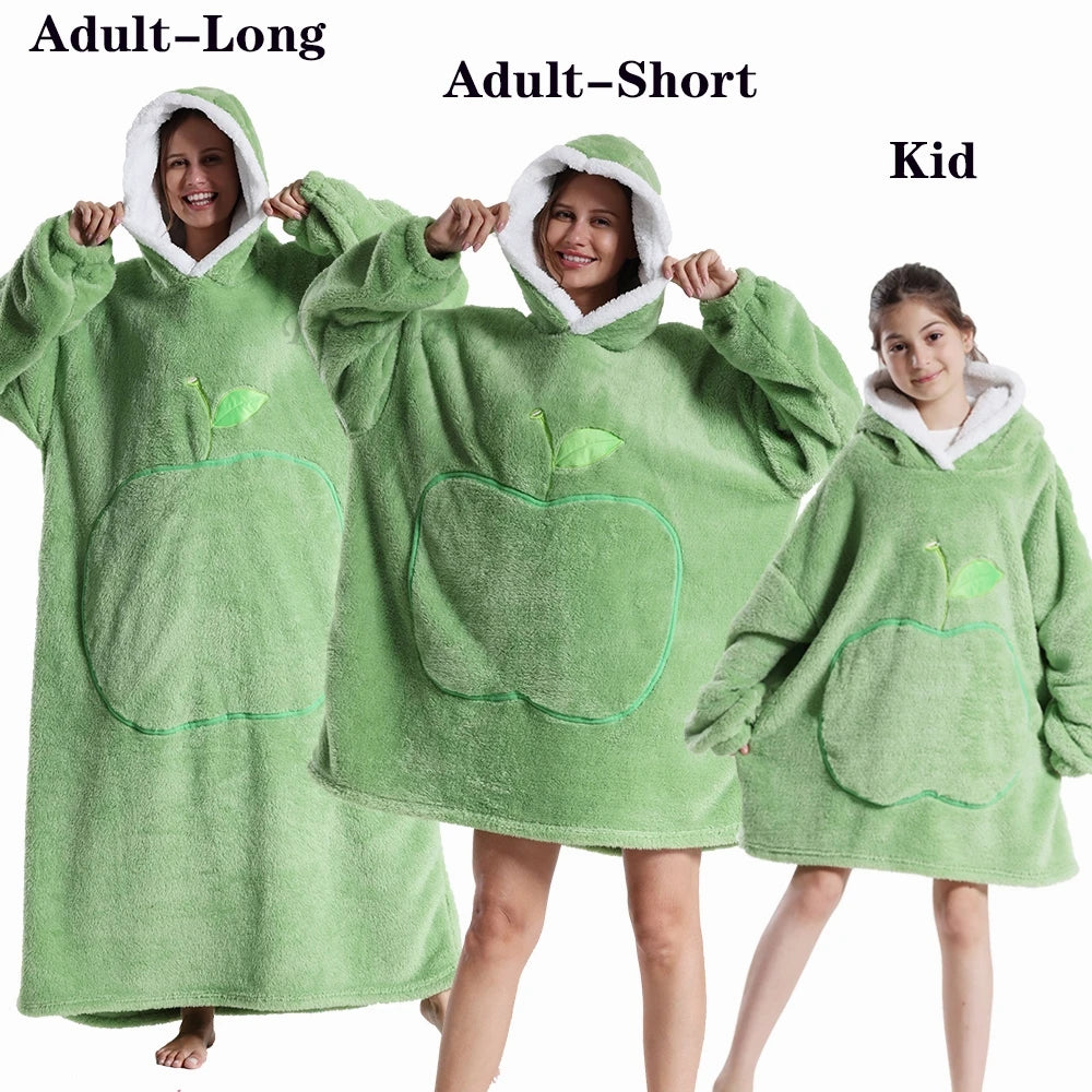Oversize Winter Sherpa Blanket Plush Polar Fleece Family Matching Hoodie Girl Sweatshirt Homewear Avocado Animal Print Outwear