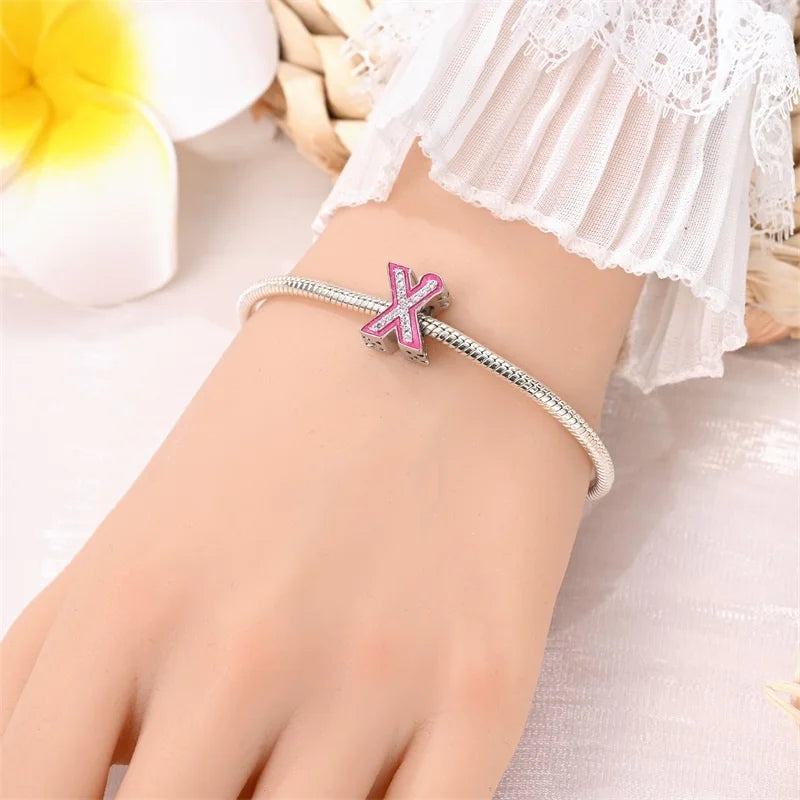 Hot Sale 925 Sterling Silver Pink 26 Letters Valentine's Day Gift Beads Suitable For Pan 925 Original Bracelet Diy Birthday