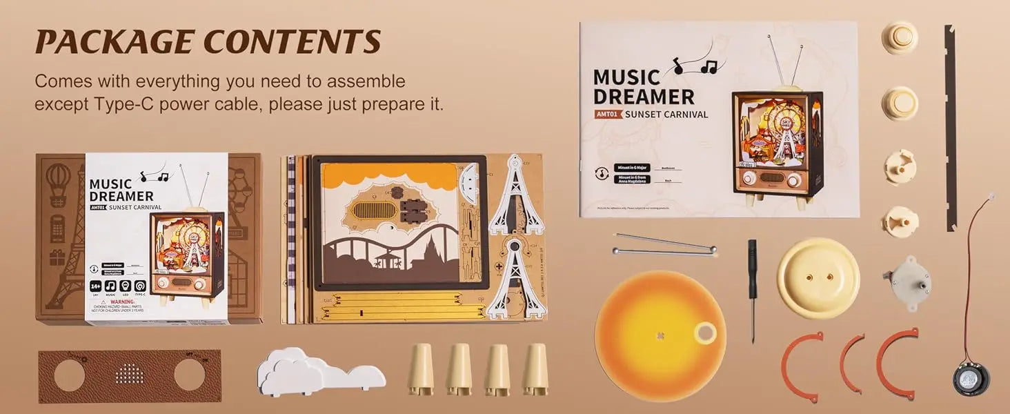 Robotime Rolife Music Box Sunset Carnival with Light 3D Wooden Puzzle  Kits Toys for Children Kids Birthday Gifts AMT01