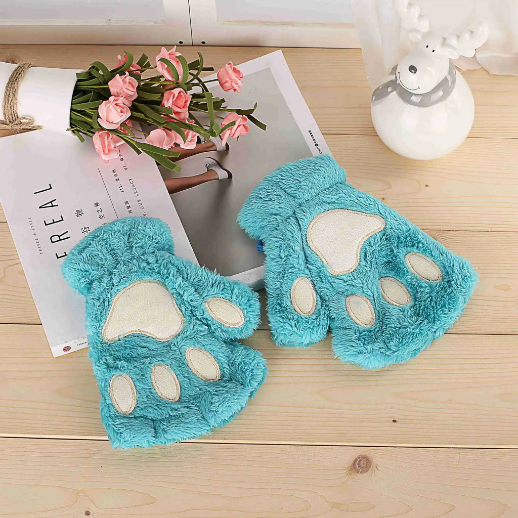Rimiut Cartoon Cat Claw Gloves for Women Girls Thickened Plush Lovely Style Bear Paw Exposed Fingers Half Finger Winter Gloves
