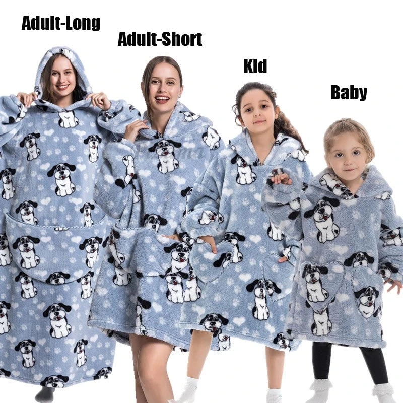 Oversize Winter Sherpa Blanket Plush Polar Fleece Family Matching Hoodie Girl Sweatshirt Homewear Avocado Animal Print Outwear