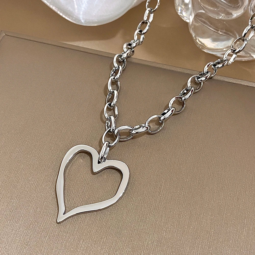 316L Stainless Steel Gold Silver Color Necklace for Women Glossy Punk Big Hollow Heart Pendant Necklaces Valentine's Day Gifts