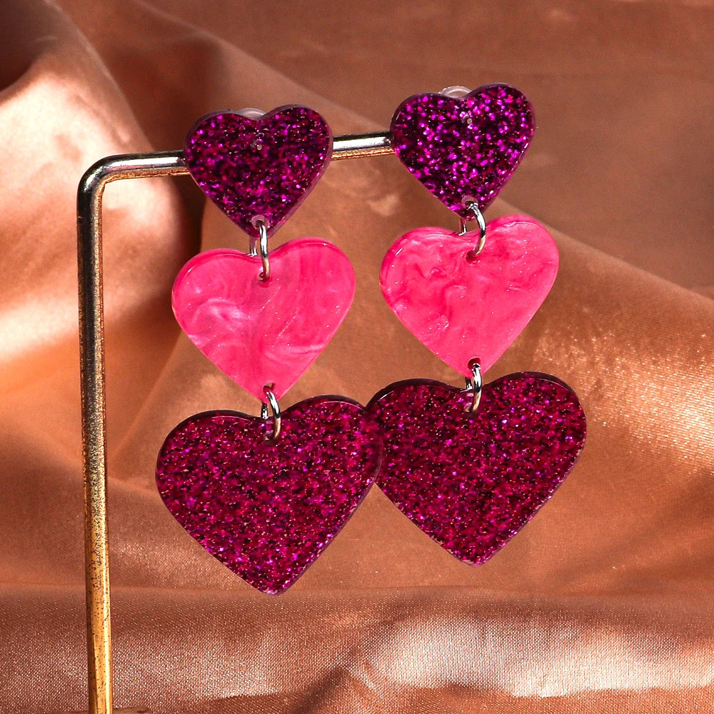 New Glitter Love Heart Acrylic Splicing Earrings Women Sweet Statement Peach Drop Earring Romantic Jewelry Valentine's Day Gifts